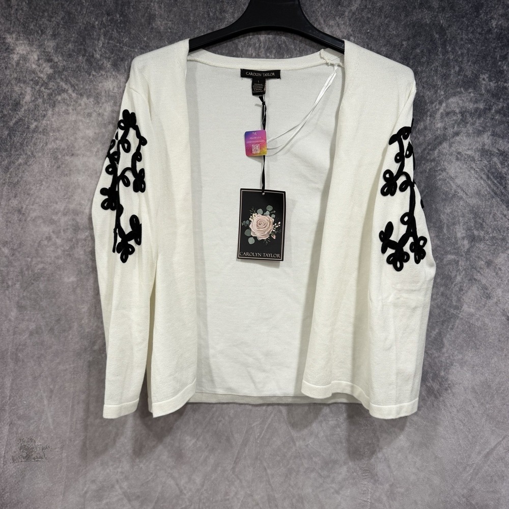 Carolyn Taylor Women’s Rayon Cardigan Size L Ivory Black Floral Embroidered